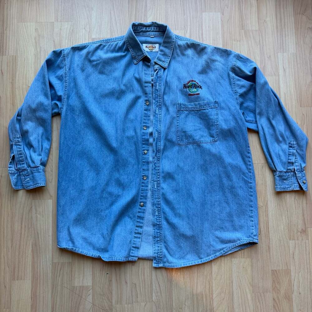 Vintage 90s Hard Rock Cafe Singapore Denim Button Down Shirt XL